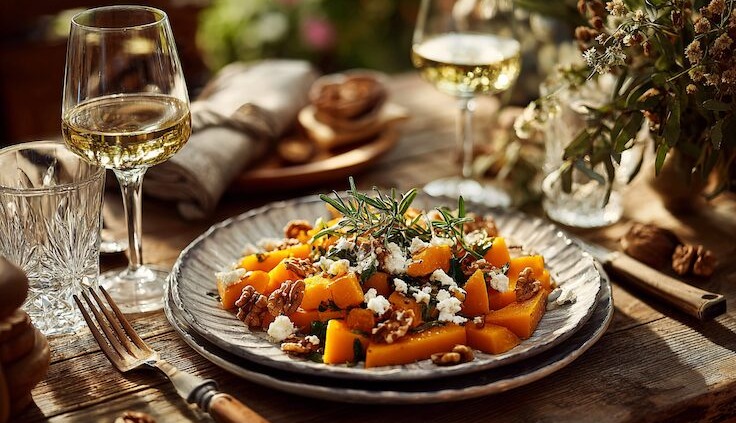 Ein warmes Herbstgericht aus Butternut-Kürbis mit Feta und Walnüssen. Goldenes Sonnenlicht fällt auf den Tisch, die Szene leuchtet in natürlichen, warmen Farben und strahlt Ruhe, Genuss und Geborgenheit aus.