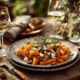 Ein warmes Herbstgericht aus Butternut-Kürbis mit Feta und Walnüssen. Goldenes Sonnenlicht fällt auf den Tisch, die Szene leuchtet in natürlichen, warmen Farben und strahlt Ruhe, Genuss und Geborgenheit aus.