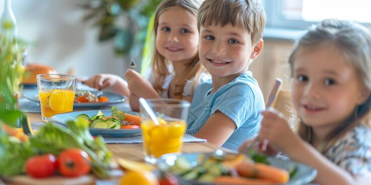 Zwei lächelnde Kinder essen gemeinsam ein gesundes Mittagessen mit frischem Gemüse und Saft am Tisch.