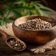 hanfsamen_gesundheit Eine stilvolle Nahaufnahme von geschälten und ungeschälten Hanfsamen in einer rustikalen Holzschale, daneben ein kleiner Holzlöffel, Hanfblätter im Hintergrund, helles Tageslicht, natürliche Farben in Grün, Beige und Creme, organische Texturen, nachhaltige Atmosphäre