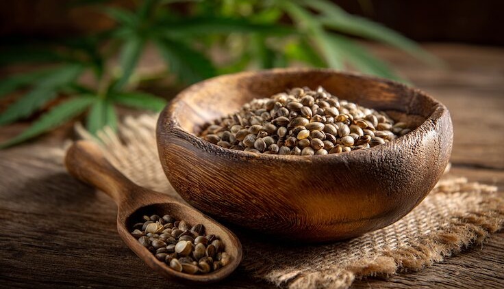 Eine stilvolle Nahaufnahme von geschälten und ungeschälten Hanfsamen in einer rustikalen Holzschale, daneben ein kleiner Holzlöffel, Hanfblätter im Hintergrund, helles Tageslicht, natürliche Farben in Grün, Beige und Creme, organische Texturen, nachhaltige Atmosphäre