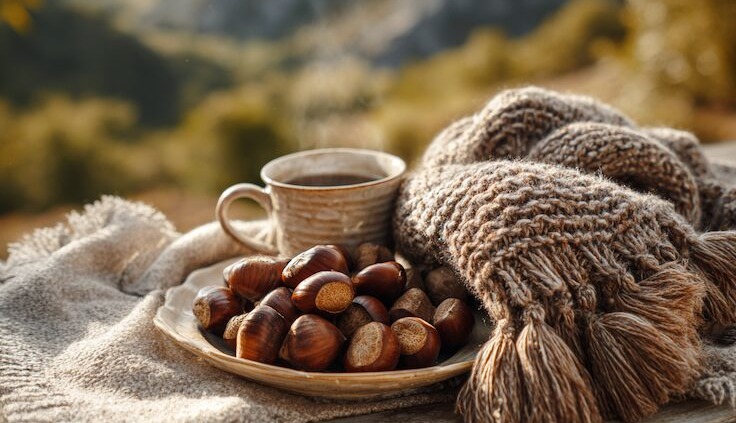 Eine gemütliche herbstliche Picknickszene mit gerösteten Maronen, einem warmen Getränk, einem gestrickten Schal, sanftem Sonnenlicht, Bergen oder Wald im Hintergrund, in natürlichen, warmen Farbtönen.