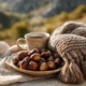 Eine gemütliche herbstliche Picknickszene mit gerösteten Maronen, einem warmen Getränk, einem gestrickten Schal, sanftem Sonnenlicht, Bergen oder Wald im Hintergrund, in natürlichen, warmen Farbtönen.