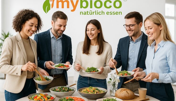 Nachhaltiges Catering von mybioco in einem modernen, hellen Büro – liebevoll angerichtetes Buffet mit regionalen und saisonalen Bio-Speisen, frischen Salaten und knusprigem Brot. Junge Menschen im modernen Casual-Office-Look genießen gemeinsam das Essen in entspannter, freundlicher Atmosphäre. Das mybioco-Logo steht für Genuss mit Verantwortung und echte Nachhaltigkeit.