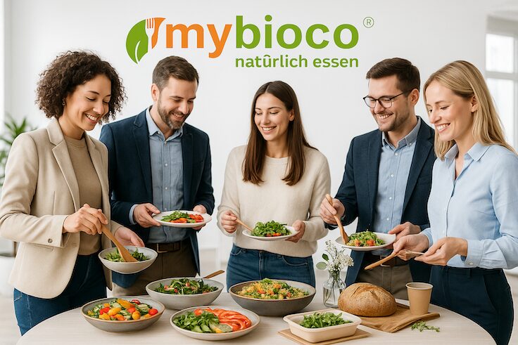 mybioco-_Nachhaltiges_Catering Nachhaltiges Catering von mybioco in einem modernen, hellen Büro – liebevoll angerichtetes Buffet mit regionalen und saisonalen Bio-Speisen, frischen Salaten und knusprigem Brot. Junge Menschen im modernen Casual-Office-Look genießen gemeinsam das Essen in entspannter, freundlicher Atmosphäre. Das mybioco-Logo steht für Genuss mit Verantwortung und echte Nachhaltigkeit.
