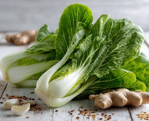 Frisch angerichteter Pak Choi auf einem hellen Holztisch, mit glänzenden grünen Blättern und weißen Stielen, daneben frischer Ingwer, Knoblauch und Sesamsamen, natürliches Licht, modernes Food-Styling, asiatisches Flair