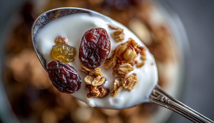 Nahaufnahme eines Löffels mit Müsli, Joghurt und Trockenpflaumen – die Trockenpflaumen stehen im Fokus, weich, glänzend und saftig. Daneben ein Glas mit warmer Milch und Bio-Honig. Natürliches Winterlicht, minimalistische Food-Fotografie auf rustikalem Holztisch, helle warme Holz- und Cremetöne, sanfter Unschärfeverlauf, gemütliche Atmosphäre