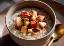 Nahaufnahme einer Schüssel mit warmem Haferbrei (Porridge) mit Apfelstückchen, Zimt und Walnüssen, goldener Löffel daneben, warme Cremetöne, natürlicher Lichteinfall von der Seite, weiche Unschärfe.