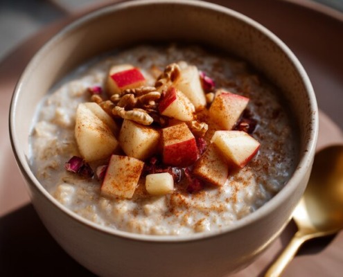 Nahaufnahme einer Schüssel mit warmem Haferbrei (Porridge) mit Apfelstückchen, Zimt und Walnüssen, goldener Löffel daneben, warme Cremetöne, natürlicher Lichteinfall von der Seite, weiche Unschärfe.