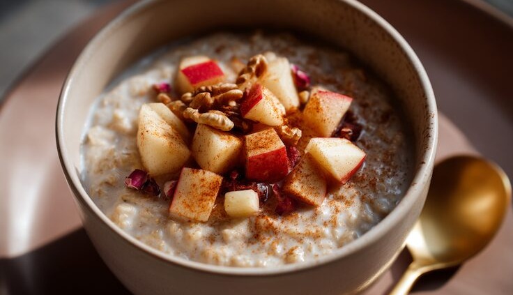 Nahaufnahme einer Schüssel mit warmem Haferbrei (Porridge) mit Apfelstückchen, Zimt und Walnüssen, goldener Löffel daneben, warme Cremetöne, natürlicher Lichteinfall von der Seite, weiche Unschärfe.