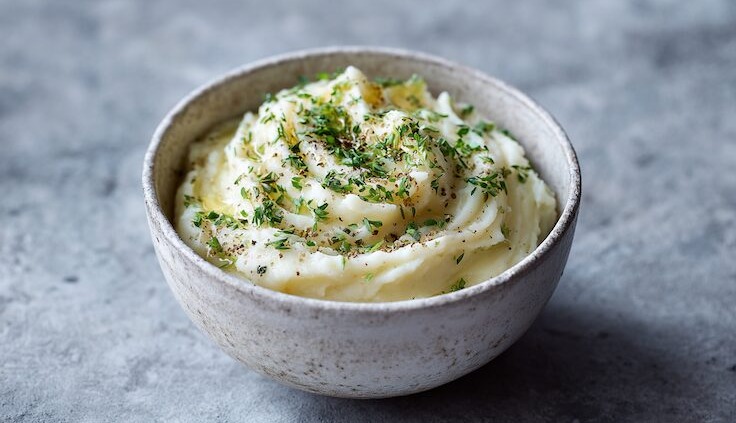 Selleriepüree in einer minimalistischen Keramikschale, cremige Textur, mit Kräutern bestreut, weiches natürliches Licht, skandinavisches Food-Styling.
