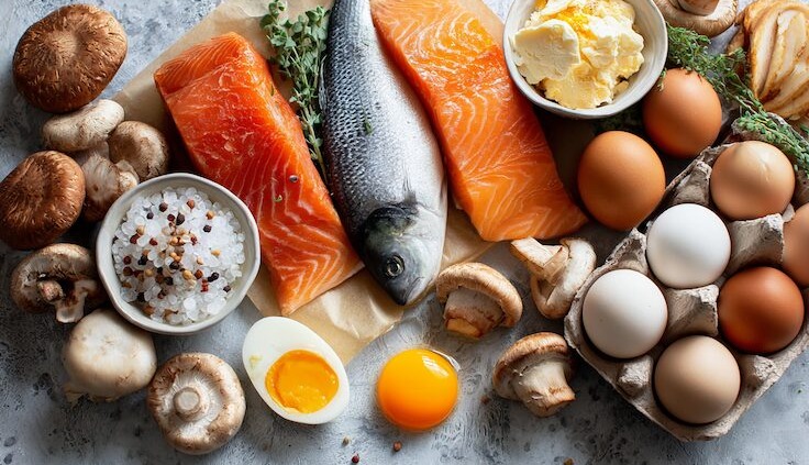Flatlay von vitamin-D-reichen Lebensmitteln: Lachs, Hering, Eier, Pilze, Leber, angereicherte Lebensmittel – bunt, sauber, mit hellem natürlichem Licht