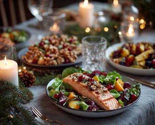 Festlicher Weihnachtstisch mit leichten und gesunden Gerichten, farbenfrohem Wintersalat mit Walnüssen, geröstetem Gemüse, Lachsfilet, Kerzen und winterlichem Grün, warme gemütliche Beleuchtung, skandinavischer Stil, minimalistisch und elegant.