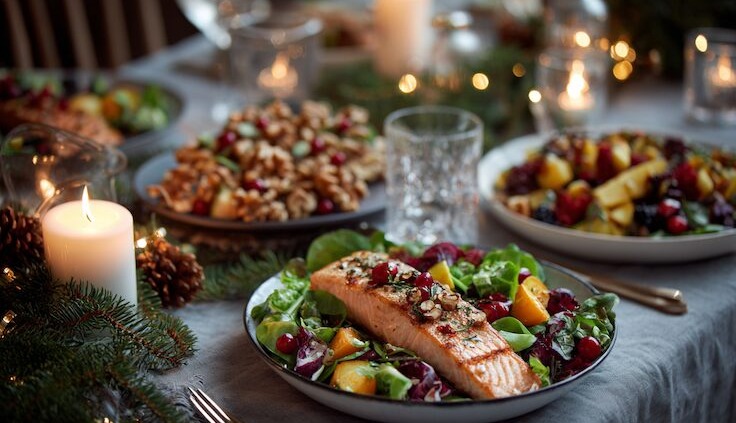Festlicher Weihnachtstisch mit leichten und gesunden Gerichten, farbenfrohem Wintersalat mit Walnüssen, geröstetem Gemüse, Lachsfilet, Kerzen und winterlichem Grün, warme gemütliche Beleuchtung, skandinavischer Stil, minimalistisch und elegant.