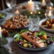 Festlicher Weihnachtstisch mit leichten und gesunden Gerichten, farbenfrohem Wintersalat mit Walnüssen, geröstetem Gemüse, Lachsfilet, Kerzen und winterlichem Grün, warme gemütliche Beleuchtung, skandinavischer Stil, minimalistisch und elegant.