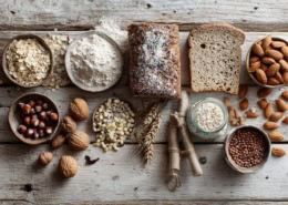 Magnesiumreiche Lebensmittel auf einem hellen Holztisch, Haferflocken, Mandeln, Erdnüsse, Hülsenfrüchte, Vollkornbrot, natürliche Farben, cleanes Food-Styling, Tageslicht, hochwertige Ernährungsfotografie, ruhig, gesund, modern,