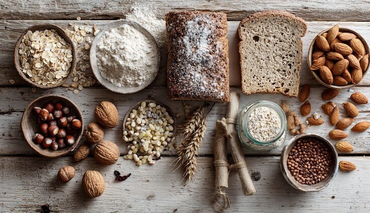 Magnesiumreiche Lebensmittel auf einem hellen Holztisch, Haferflocken, Mandeln, Erdnüsse, Hülsenfrüchte, Vollkornbrot, natürliche Farben, cleanes Food-Styling, Tageslicht, hochwertige Ernährungsfotografie, ruhig, gesund, modern,