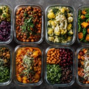 Veganes_Meal_Prep Veganes Meal Prep, vorbereitete pflanzliche Gerichte mit Hülsenfrüchten, Gemüse, Linsen, Bohnen, ausgewogen, farbenfroh, nachhaltig, cleanes Food-Styling