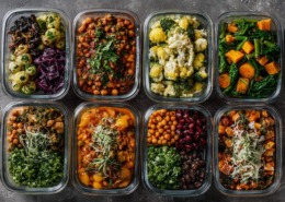 Veganes Meal Prep, vorbereitete pflanzliche Gerichte mit Hülsenfrüchten, Gemüse, Linsen, Bohnen, ausgewogen, farbenfroh, nachhaltig, cleanes Food-Styling