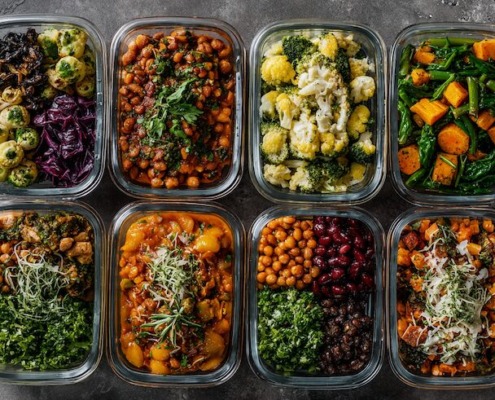 Veganes Meal Prep, vorbereitete pflanzliche Gerichte mit Hülsenfrüchten, Gemüse, Linsen, Bohnen, ausgewogen, farbenfroh, nachhaltig, cleanes Food-Styling