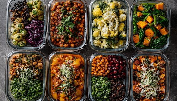 Veganes Meal Prep, vorbereitete pflanzliche Gerichte mit Hülsenfrüchten, Gemüse, Linsen, Bohnen, ausgewogen, farbenfroh, nachhaltig, cleanes Food-Styling