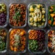 Veganes Meal Prep, vorbereitete pflanzliche Gerichte mit Hülsenfrüchten, Gemüse, Linsen, Bohnen, ausgewogen, farbenfroh, nachhaltig, cleanes Food-Styling