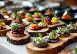 Modernes Business-Event mit Bio-Fingerfood, Flying Catering Stil, kleine herzhafte Häppchen auf Holz- und Keramikplatten, vegane und vegetarische Snacks, nachhaltige Präsentation, helle Atmosphäre, dezenter Hintergrund, professionelle Food Fotografie, natürlicher Look