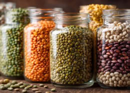 Nahaufnahme von Hülsenfrüchten, Linsen, Kichererbsen, Erbsen in Glasgefäßen, pflanzliche Eiweißquellen, vegan, nachhaltig, ruhiger Hintergrund, natürliche Texturen, warmes Licht, Editorial Food Photography, ultra realistic, high detail