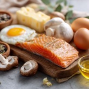 Vitamin-D-reiche Lebensmittel auf hellem Naturtisch, fettreicher Fisch, Eier, Speisepilze, minimalistische Anordnung, natürliche Farben, Tageslicht, hochwertige Food-Fotografie, gesund & wissenschaftlich.