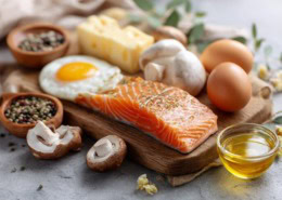 Vitamin-D-reiche Lebensmittel auf hellem Naturtisch, fettreicher Fisch, Eier, Speisepilze, minimalistische Anordnung, natürliche Farben, Tageslicht, hochwertige Food-Fotografie, gesund & wissenschaftlich.