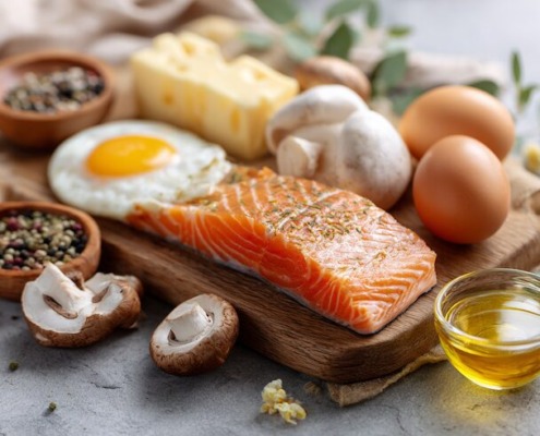 Vitamin-D-reiche Lebensmittel auf hellem Naturtisch, fettreicher Fisch, Eier, Speisepilze, minimalistische Anordnung, natürliche Farben, Tageslicht, hochwertige Food-Fotografie, gesund & wissenschaftlich.