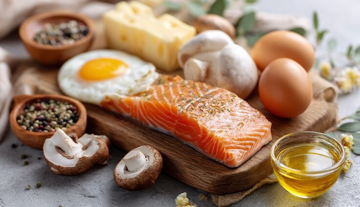 Vitamin-D-reiche Lebensmittel auf hellem Naturtisch, fettreicher Fisch, Eier, Speisepilze, minimalistische Anordnung, natürliche Farben, Tageslicht, hochwertige Food-Fotografie, gesund & wissenschaftlich.