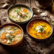 wintersuppen Verschiedene Wintersuppen in kleinen Schalen, 3 cremige Gemüsesuppen und 2 klare Brühen, 1 mit Huhn und 1 vegeratisch, deftige Varianten, liebevoll auf einem großen rustikalen Holztisch arrangiert, gemütliche Winterküche im Hintergrund, harmonische Farbpalette, food flat lay, natürliches weiches Tageslicht, hochwertige Magazin-Optik, realistische Foodfotografie, warm und einladend