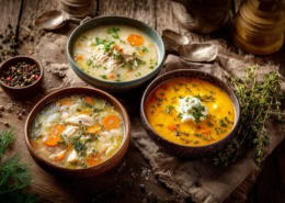 Verschiedene Wintersuppen in kleinen Schalen, 3 cremige Gemüsesuppen und 2 klare Brühen, 1 mit Huhn und 1 vegeratisch, deftige Varianten, liebevoll auf einem großen rustikalen Holztisch arrangiert, gemütliche Winterküche im Hintergrund, harmonische Farbpalette, food flat lay, natürliches weiches Tageslicht, hochwertige Magazin-Optik, realistische Foodfotografie, warm und einladend