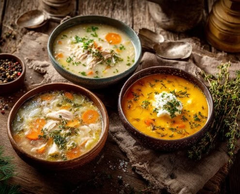 Verschiedene Wintersuppen in kleinen Schalen, 3 cremige Gemüsesuppen und 2 klare Brühen, 1 mit Huhn und 1 vegeratisch, deftige Varianten, liebevoll auf einem großen rustikalen Holztisch arrangiert, gemütliche Winterküche im Hintergrund, harmonische Farbpalette, food flat lay, natürliches weiches Tageslicht, hochwertige Magazin-Optik, realistische Foodfotografie, warm und einladend