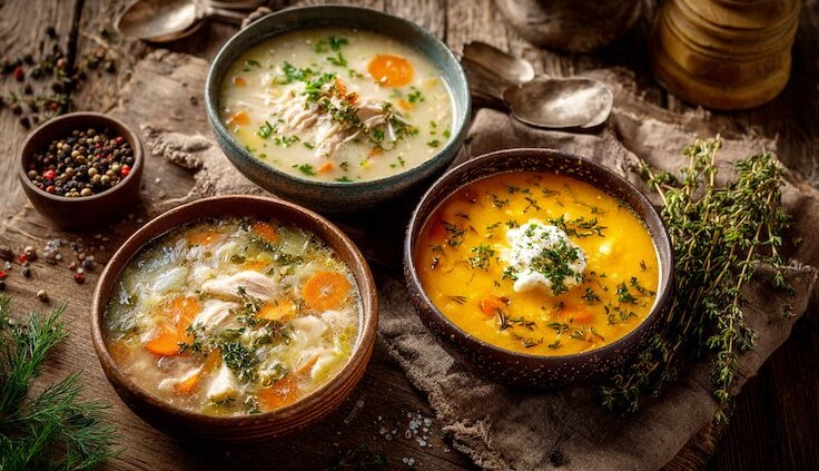 Verschiedene Wintersuppen in kleinen Schalen, 3 cremige Gemüsesuppen und 2 klare Brühen, 1 mit Huhn und 1 vegeratisch, deftige Varianten, liebevoll auf einem großen rustikalen Holztisch arrangiert, gemütliche Winterküche im Hintergrund, harmonische Farbpalette, food flat lay, natürliches weiches Tageslicht, hochwertige Magazin-Optik, realistische Foodfotografie, warm und einladend