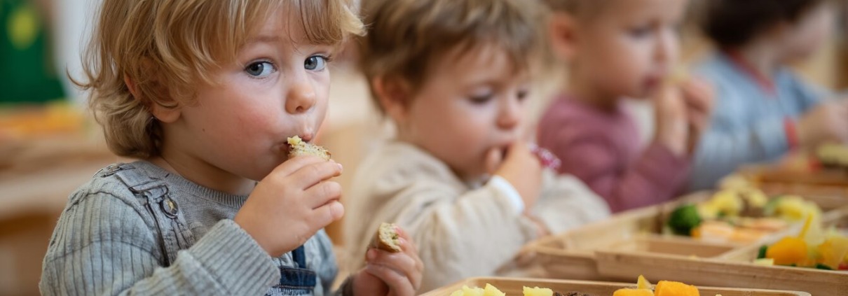 Ausgewogene Bio-Mahlzeiten (Speise: Bio Fleisch, Kartoffeln und gemüse separat) für Kinder im Kindergarten, 3 Kinder sitzen im Kindergarten beim, Mittagsessen, strukturierte Teller