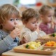 Ausgewogene Bio-Mahlzeiten (Speise: Bio Fleisch, Kartoffeln und gemüse separat) für Kinder im Kindergarten, 3 Kinder sitzen im Kindergarten beim, Mittagsessen, strukturierte Teller