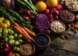 Eine lebendige pflanzenbasierte Food-Komposition mit buntem Gemüse, Obst, Hülsenfrüchten und Vollkornprodukten auf einem Holztisch, natürliches Tageslicht, frischer und gesunder Lebensstil, Clean-Eating-Konzept, umweltfreundliche Stimmung, hohe Realistik, weiche Schatten, natürliche Farben