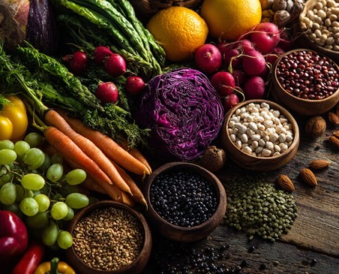 Eine lebendige pflanzenbasierte Food-Komposition mit buntem Gemüse, Obst, Hülsenfrüchten und Vollkornprodukten auf einem Holztisch, natürliches Tageslicht, frischer und gesunder Lebensstil, Clean-Eating-Konzept, umweltfreundliche Stimmung, hohe Realistik, weiche Schatten, natürliche Farben