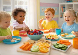 Vier kleine Kinder sitzen an einem Tisch und essen gemeinsam gesunde Snacks wie Beeren, Apfelscheiben, Karotten, Gurken und Cracker in einem hellen, bunten Raum.
