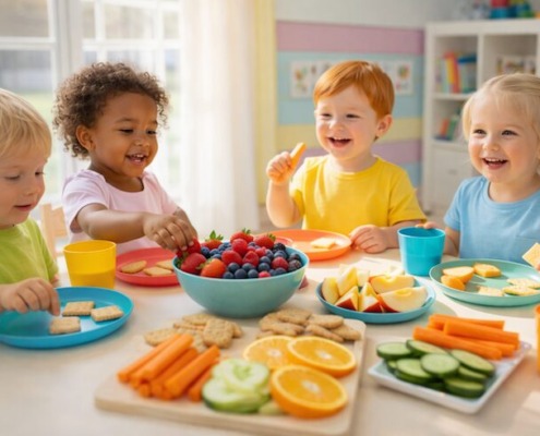 Vier kleine Kinder sitzen an einem Tisch und essen gemeinsam gesunde Snacks wie Beeren, Apfelscheiben, Karotten, Gurken und Cracker in einem hellen, bunten Raum.