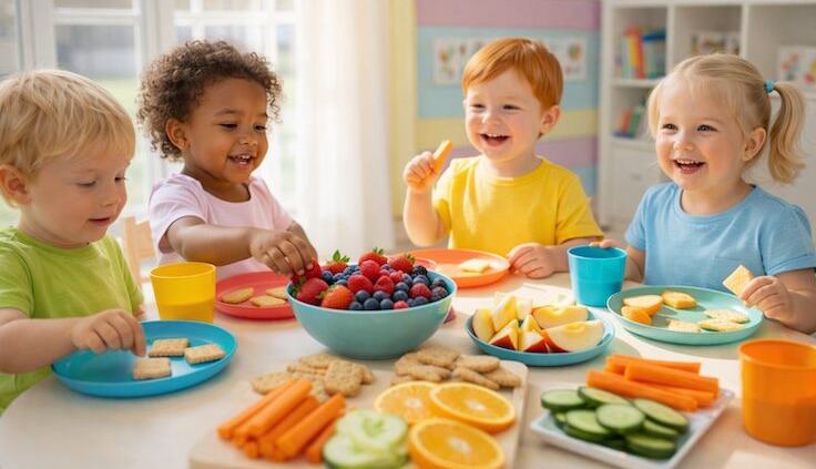 Vier kleine Kinder sitzen an einem Tisch und essen gemeinsam gesunde Snacks wie Beeren, Apfelscheiben, Karotten, Gurken und Cracker in einem hellen, bunten Raum.
