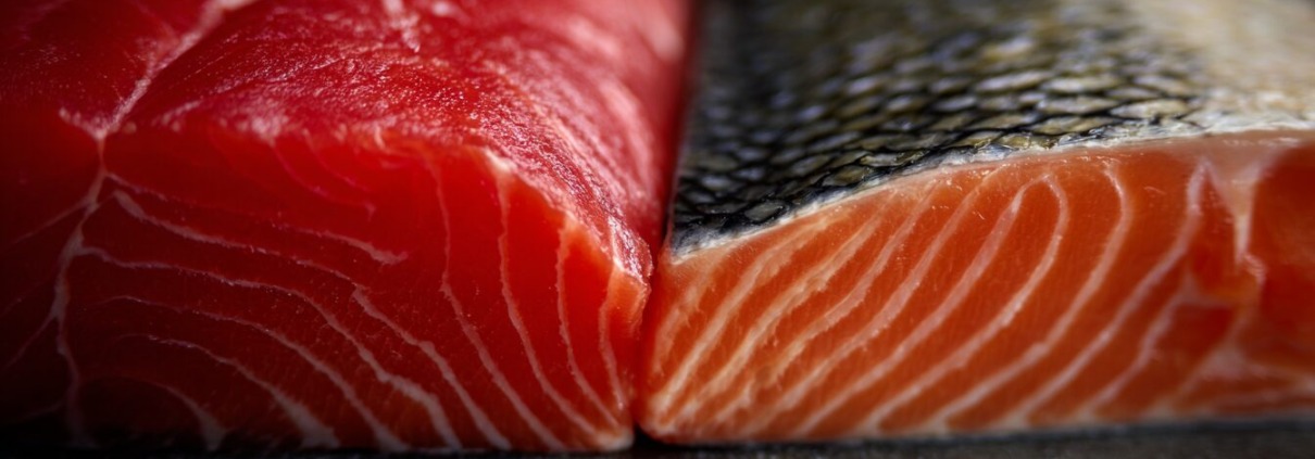 Split-screen Darstellung verschiedener Lachsfilets im Querschnitt, deutlicher Unterschied in Farbe und Fettmarmorierung zwischen Atlantischem Lachs, Sockeye, Coho und Königslachs