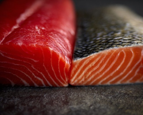 Split-screen Darstellung verschiedener Lachsfilets im Querschnitt, deutlicher Unterschied in Farbe und Fettmarmorierung zwischen Atlantischem Lachs, Sockeye, Coho und Königslachs