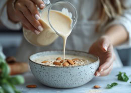 Porridge aus Haferflocken mit Mandeln – Beispiel für eine Mahlzeit während einer Haferkur oder Hafertagen.