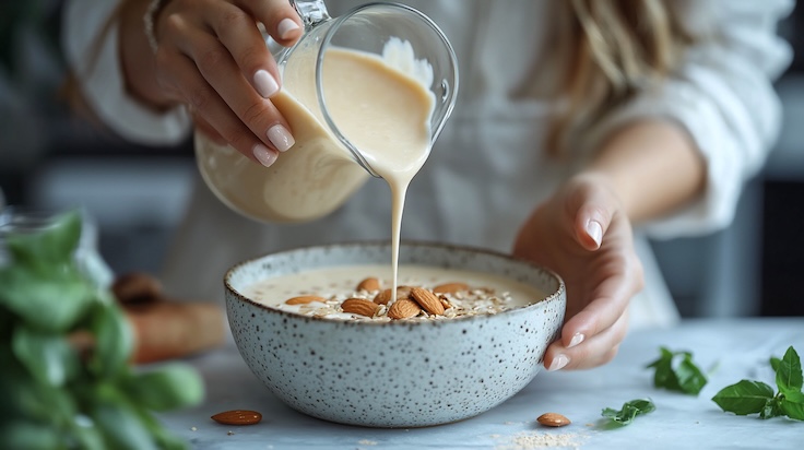 Porridge aus Haferflocken mit Mandeln – Beispiel für eine Mahlzeit während einer Haferkur oder Hafertagen.