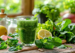 Gesunde Frühlingslebensmittel auf einem Holztisch, frisches Gemüse, Kräuter, Zitrone, Spinat-Smoothie, helles natürliches Tageslicht, Frühlingsatmosphäre, Wellness- und Ernährungskonzept, klare Food-Fotografie, hohe Detailgenauigkeit.