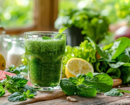 Gesunde Frühlingslebensmittel auf einem Holztisch, frisches Gemüse, Kräuter, Zitrone, Spinat-Smoothie, helles natürliches Tageslicht, Frühlingsatmosphäre, Wellness- und Ernährungskonzept, klare Food-Fotografie, hohe Detailgenauigkeit.