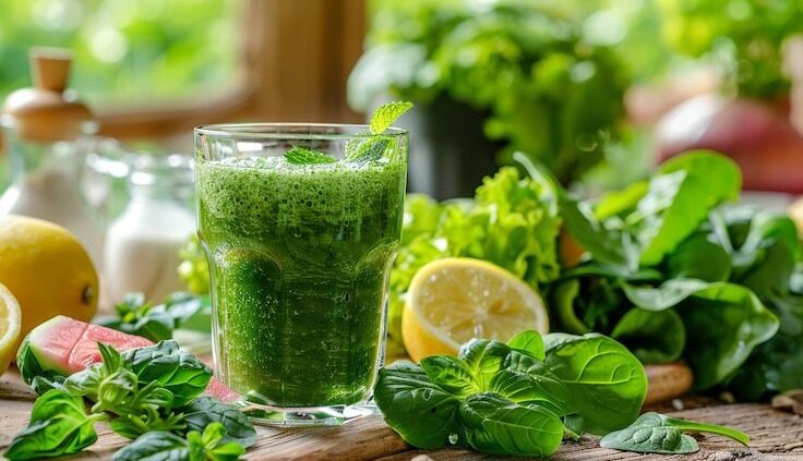 Gesunde Frühlingslebensmittel auf einem Holztisch, frisches Gemüse, Kräuter, Zitrone, Spinat-Smoothie, helles natürliches Tageslicht, Frühlingsatmosphäre, Wellness- und Ernährungskonzept, klare Food-Fotografie, hohe Detailgenauigkeit.